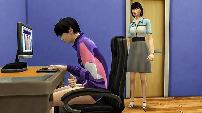 chinese mother catches her stepson jacking in front of the computer whatching porn videos and then helps him have orgy with her for the first time - asian mommy